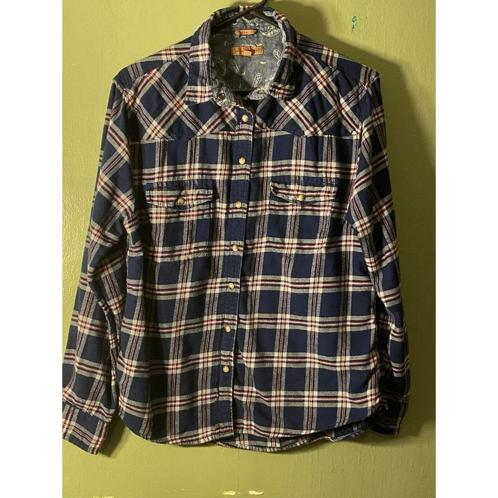 Jachs Girlfriend Women's Flannel Shirt Pearl Snap Bea Blue Plaid Roll Tab Medium